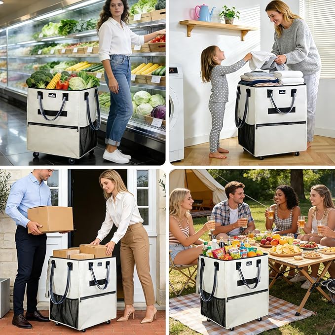 Reusable Grocery Bag On Wheels, 70L Foldable Rolling Tote with 6 Pockets & 3-Way Carry, Heavy Duty Handles, Zippered Top for Groceries, Laundry, Storage, Medium, Beige