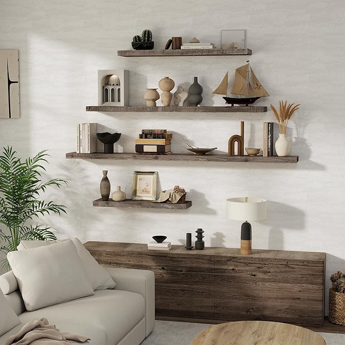 Floating Shelves Reclaimed Barnwood, 8" Deep Solid Wood Floating Shelf Wall Hanging Shelves with Invisible Heavy-Duty Metal B