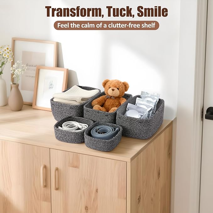 5-Pack Small Woven Rope Storage Baskets – 2 Sizes Organizer Bins for Closet, Shelf, Bookshelf, Nursery, Changing Table, Fabri