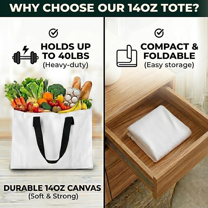 Extra Large Canvas Tote Bag - Big Reusable Grocery Shopping Heavy Duty Foldable