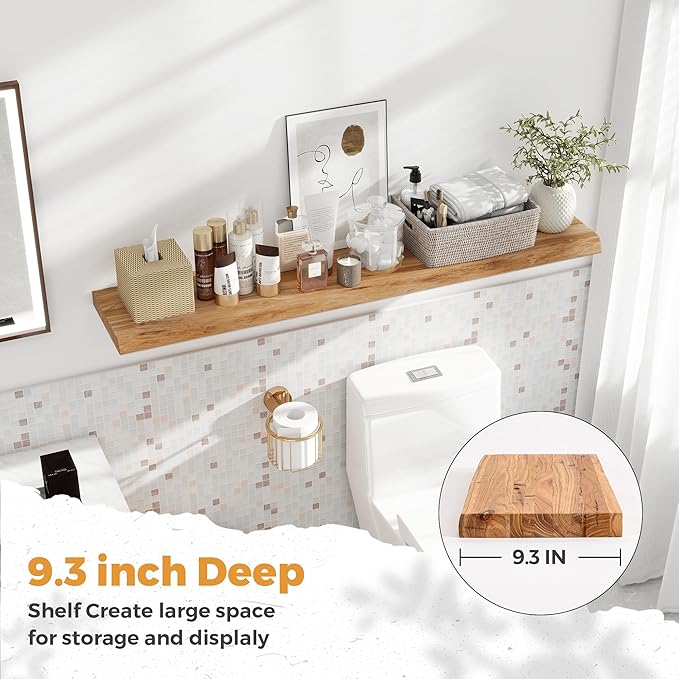 RICHFOCUS Live Edge Elm Floating Shelves - 48" W x 9.3" D Rustic Solid Wood Wall Shelves with Invisible Bracket, Wall-Mounted