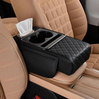 FREESOO Car Center Console Cover, Leather Armrest Cover for Car, Universal Middle Console Cushion with Storage Box, Cup Holder, Tissue Box & Phone Slot, Luxury Waterproof Interior Accessories, Black