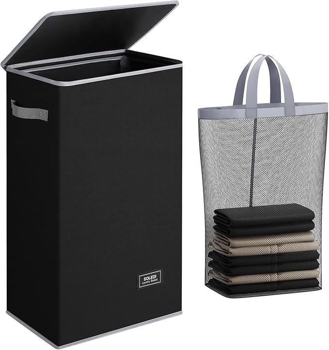 SOLEDI Slim Laundry Hamper with Lid, Narrow Laundry Basket with Removable Bags, Dirty Clothes Hamper with handle, Small Hampe