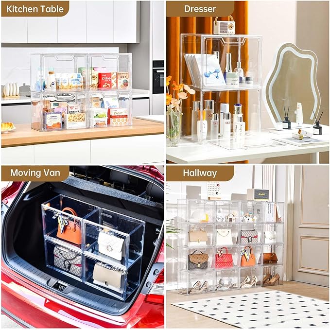 Freebat Stackable Storage Bins,Clear Acrylic Display Case, Acrylic Boxes with Lids, Stackable Storage for Handbags & Purse, M