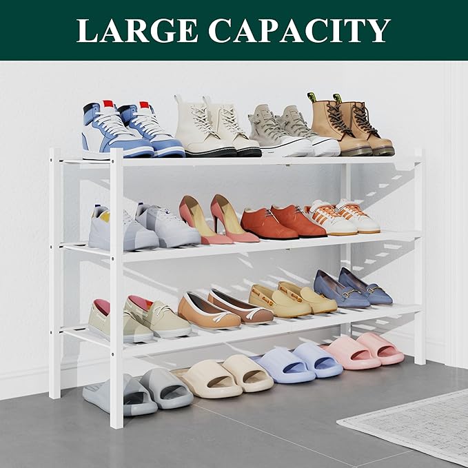 Smiry Bamboo Shoe Rack for Closet, 3 Tier Long Wooden Stackable Shoe Organizer, Free Standing Shoes Storage Shelf for Entrywa