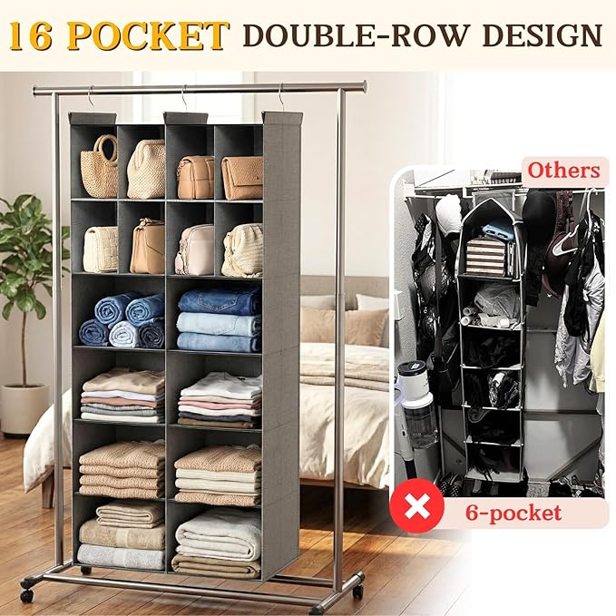 Ofiray-home 6 Tier Hanging Closet Organizer, 16 Compartments Sweater Organizer for Closet with 3 Sturdy Hooks, Closet Organiz