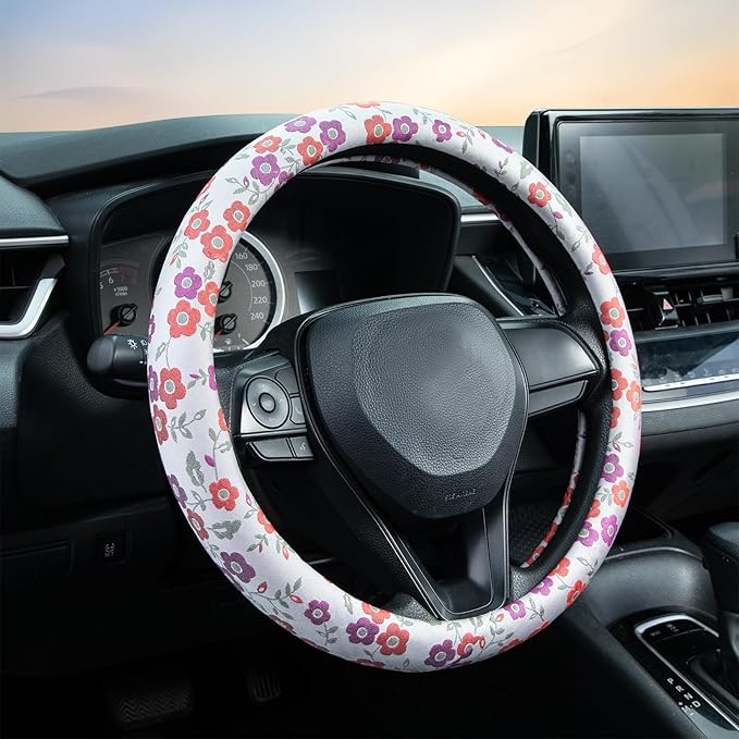 Colorful Flowers Steering Wheel Cover Auto Jacquard Steering Wheel Protector, Anti-Slip, Breathable, Absorbing Sweat, Universal Car Accessories 14.5–15 inch,Fit for Most Car, Trucks, SUV
