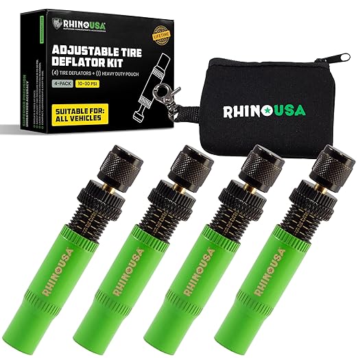 Rhino USA Adjustable Tire Deflator Kit (10-30 PSI) Ultimate Screw-on Automatic Tire Deflators for Offroad - Quick & Easy Air Down System for The Trails - Best Jeep Off Road Accessories (4-Pack) -Green