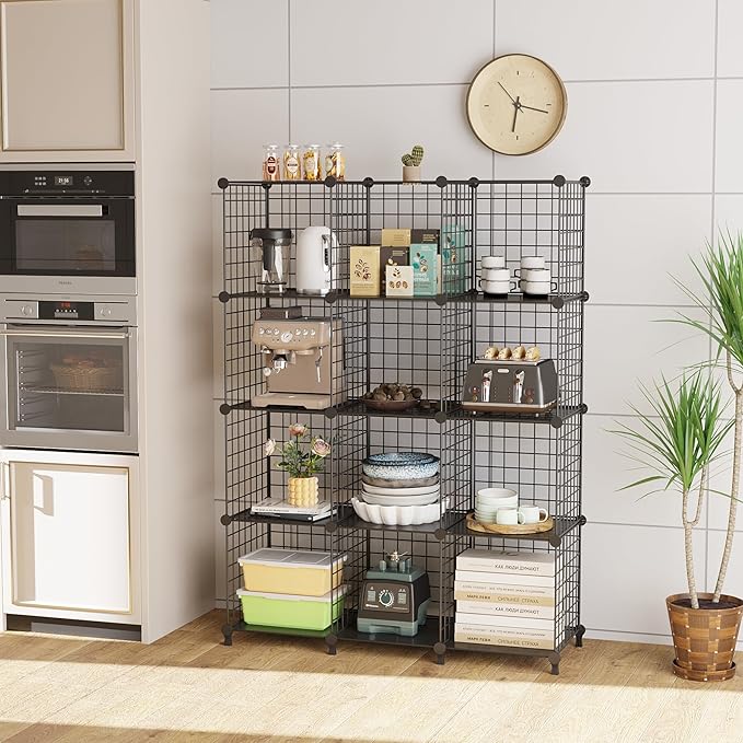 12-Cube Storage Organizer, Metal Wire Cube Shelving Unit, 11.8" L x 11.8" W x 11.8" H, Modular Grid Bookshelf for Closet, Bed