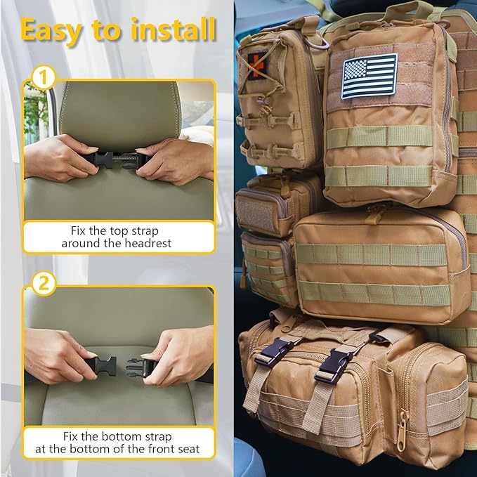 Universal Tactical Car Seat Back Organizer Bag Tactical Molle Vehicle Organizers Panel Vehicle Protector Organizers with 5 Detachable Pouches for Car Truck Ford Jeep (Model A-Khaki)