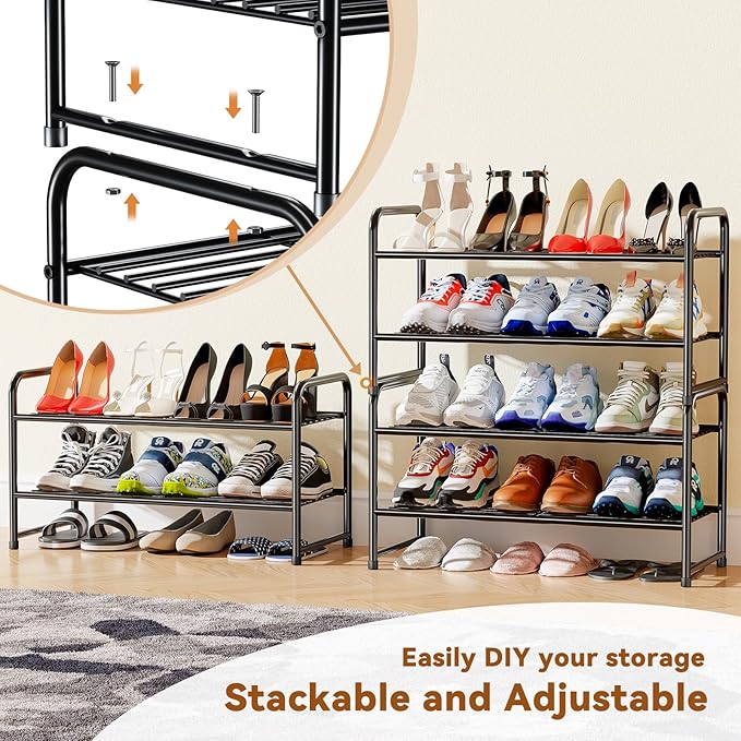 Shoe Rack, Closet Metal 2Tier 27 Inch Shoe Shelf Organizer for floor, Stackble & Adjustable, Black