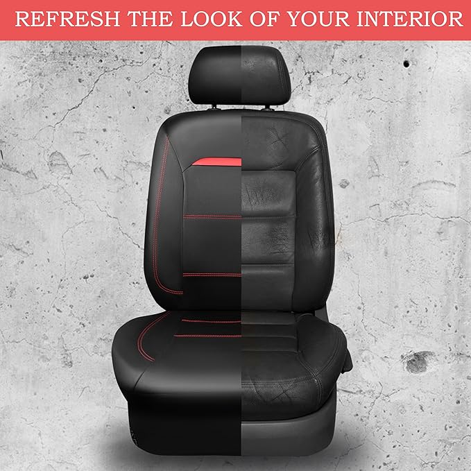 CAR PASS Leather Car Seat Cover Full Set with Steering Wheel Cover and 2PCS Seat Belt Shoulder Pads,for Trucks and SUV with Built-in Seatbelts and Front Seat Side Armrests(Combo Set, Black and Red)