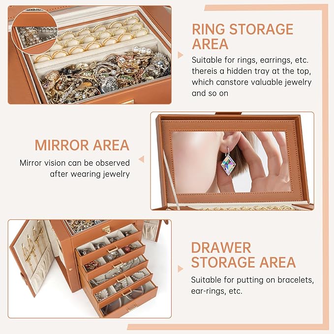 AKOZLIN 6-Tier Jewelry Box Organizer Functional 5 Drawers Leather Jewelry Storage Case for Women Girls Ring Necklace Earring 