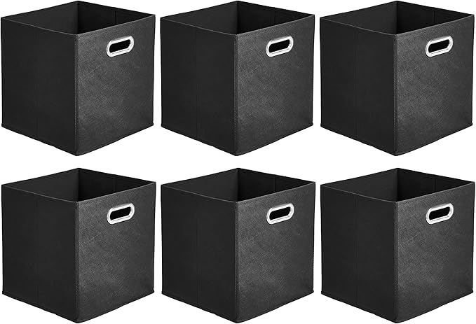 Amazon Basics Collapsible Cube Storage Bins, Space-Saving, Organizing Fabric Bins with Handles, 10.5" x 10.5" x 11", Black, 6