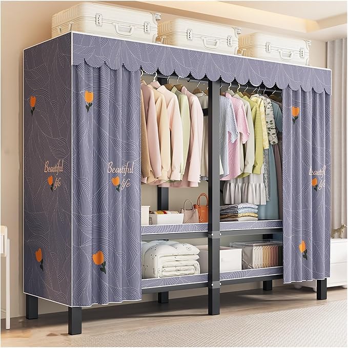 Portable Foldable Wardrobe Closet with Cover, 1200lbs Garment Rack for Hanging Clothes, Enclosed Coat Storage Organizer with 