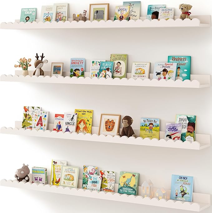 Shario Nursery Book Shelves, 4-Pack White Floating Shelves for Wall Kids, Scalloped Shelves, Wall Book Shelves for Bedroom Ki