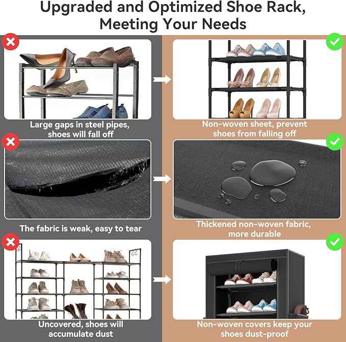 ROJASOP Shoe Rack with Covers 10 Tier Large Shoe Organizer Tall Shoe Closet Storage for 20-22 Pairs Shoe and Boot, Free Stand