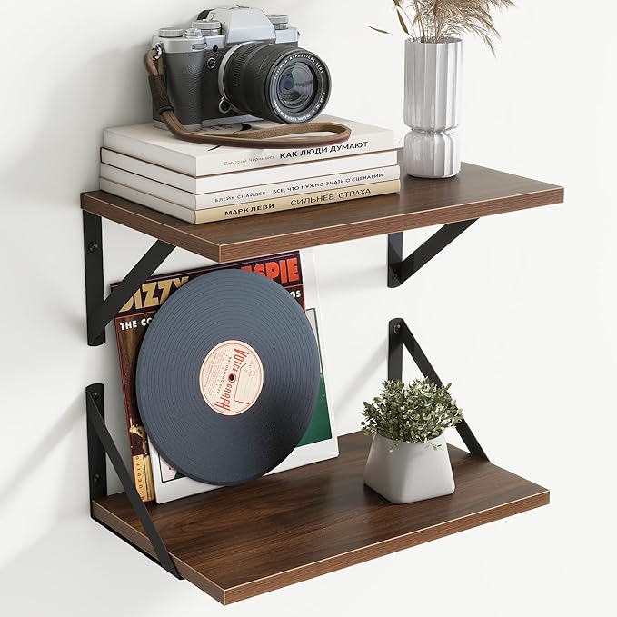 8" Deep Floating Shelves for Wall,16 inch Wood Wall Shelves Set of 2,Wide Floating Bookshelf with Sturdy Metal Brackets,Hangi