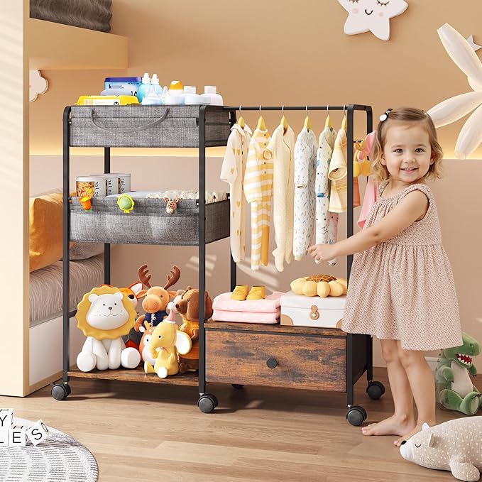 BBLIKE 3in1 Diaper Caddy Organizer - Diaper Caddy & Rolling Diaper Cart with Kids Clothing Rack for Nursery and Baby Essentia
