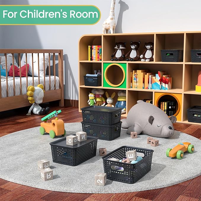 Plastic Storage Baskets with Lid-Plastic Storage Containers Stackable Storage bins: Storage Baskets for Organizing Shelves Dr