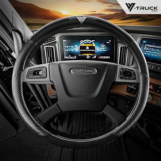 18-Inch Genuine Leather Steering Wheel Cover for Semi Trucks – Black with Black Stripes, Universal Fit Heavy-Duty Non-Slip Grip, Comfortable Control, Easy Installation