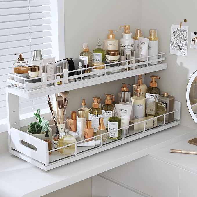 Under Sink Organizer Upgrade To Professional Rails,2-Tier Dual Pull Out Cabinet Storage,Height Adjustable Slide Out Drawers F