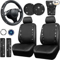 CAR PASS Bling Diamond Leather Car Seat Covers 11 PCS, Sparkly Rhinestone Steering Wheel Cover Glitter Cute Interior Car Acce