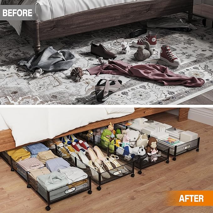 Under Bed Storage With Wheels, 47.2''/90lbs/57.6L, Metal Frame Under Bed Rolling Storage, Tool-Free Assembly Underbed Drawers