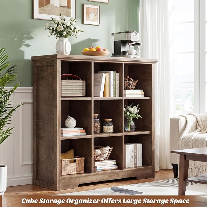 Aheaplus Wooden 9-Cube Storage Organizer with Charging Ports, Modern Cube Bookcase with Base, 4-Tier Floor Standing Open Cubb
