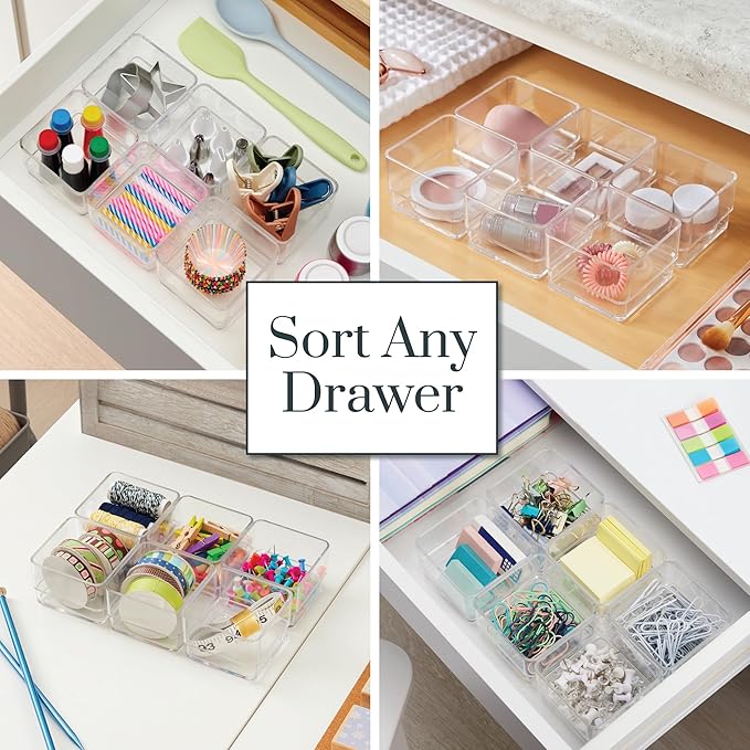 STORi SimpleSort 3-Piece Stackable Clear Drawer Organizer Set | 9" x 6" x 2" Rectangle Trays | Wide Makeup Vanity Storage Bin