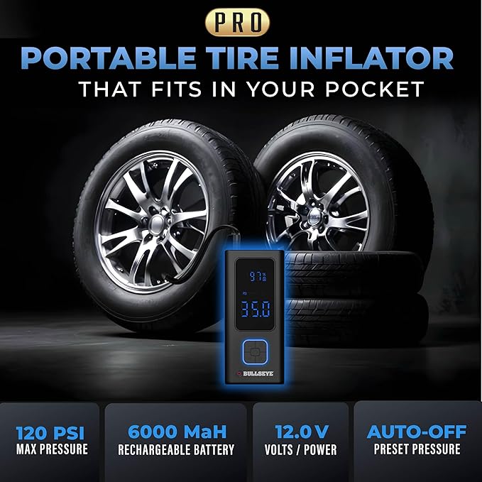 POCKET AIR PRO Tire Inflator Portable Air Compressor by Bullseye Pro for Tires, Balls, Bike with Persta Valve, Auto Shut Off, Inflates in 2 Min, Cordless Rechargeable 6000MAH,150 PSI, SoS Light