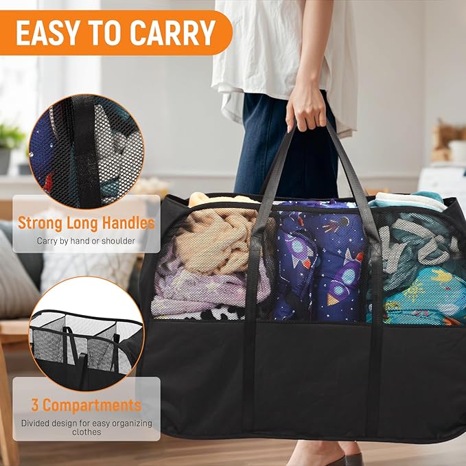 Collapsible Laundry Baskets with 3 Compartment, 150L Tear-proof Pop Up Hamper, Foldable Laundry Basket with Tote Handles, Dir