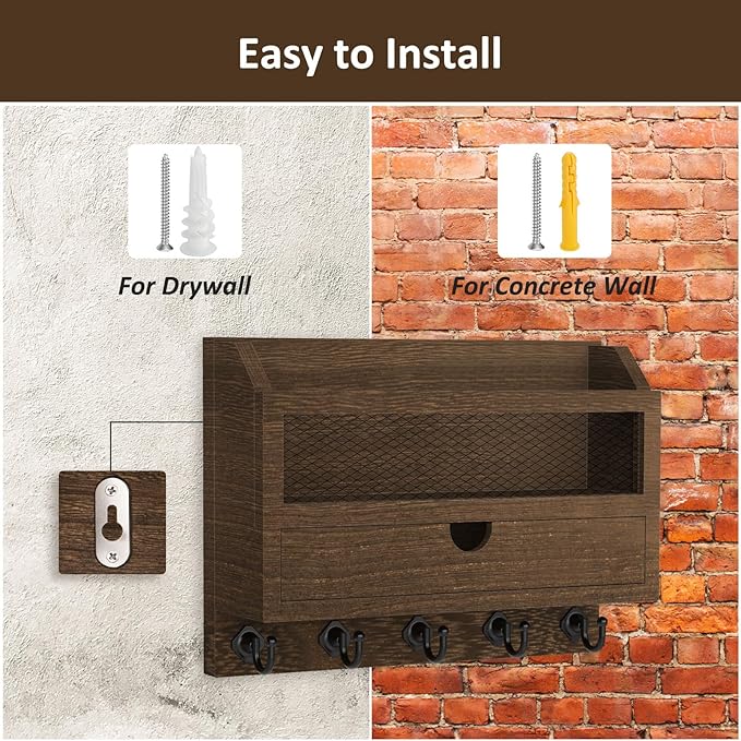 Nekon Key and Mail Holder for Wall, Key Organizer with 5 Hooks & Storage Drawer, 11" W x 7.9" H x 3.1" D Wooden Key Rack for 