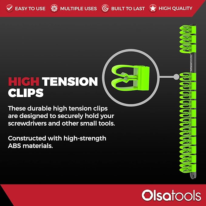 Olsa Tools Premium Wall-Mount Screwdriver Organizer - Black Nylon with Neon Green Clips - Holds 14 Screwdrivers - Part: 1031