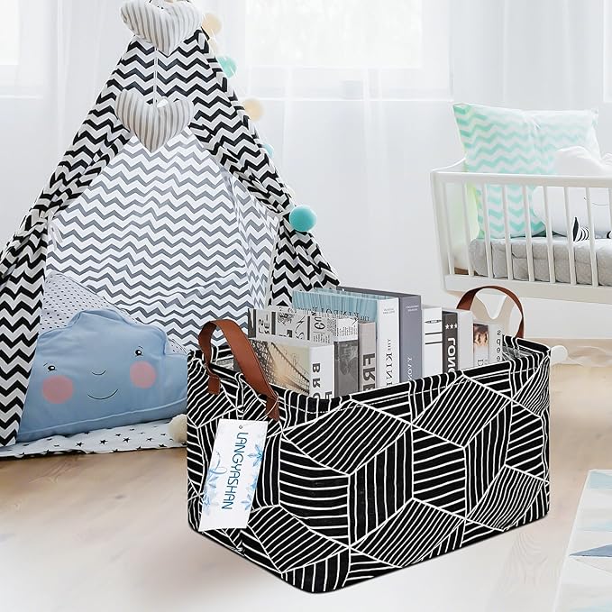 LANGYASHAN Rectangular Storage Bin Collapse Canvas Fabric Cartoon Storage Basket with Handles for Organizing Home Kitchen Boy