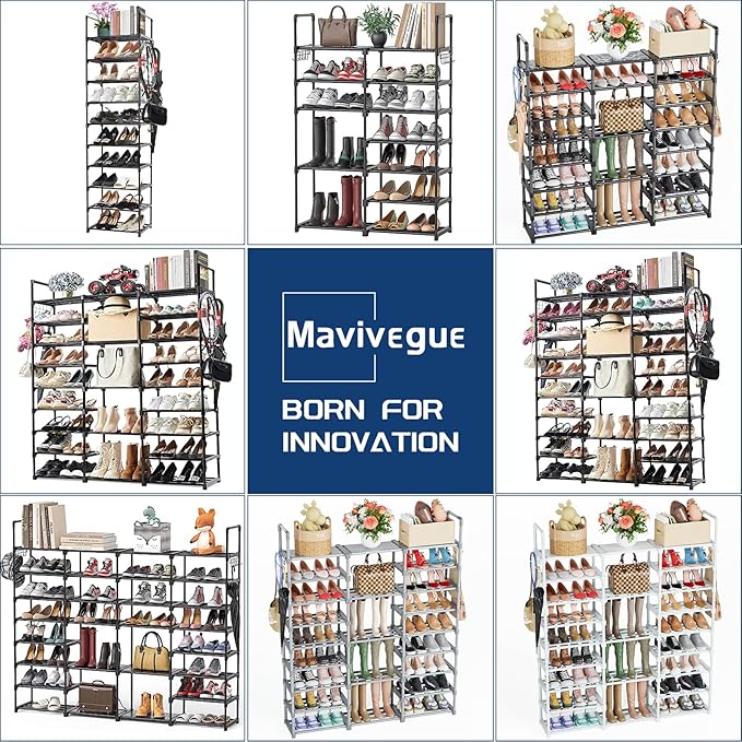 Mavivegue Extra Large Shoe Rack, 8 Tier 4 Rows 72-76 Pairs Big Tall Metal Shoe Shelf,Big Boot Rack Storage Organizer for Gara