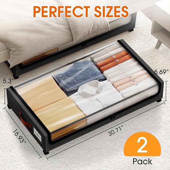 Under Bed Storage with Wheels 2Pack Storage Containers with Clear Window&Label Under Bed Drawers Rolling Under Bed Storage fo