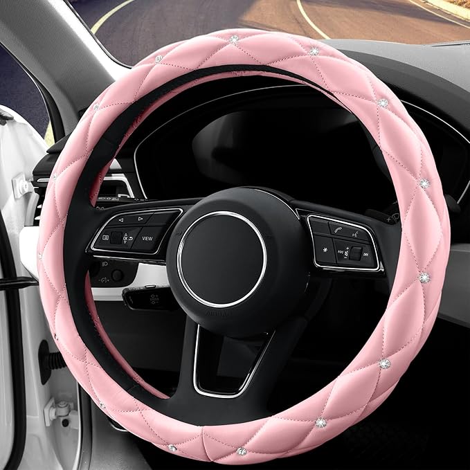 YOGURTCK Cute Diamond Soft Light Pink Leather Anti-Slip Steering Wheel Cover with Bling Bling Crystal Rhinestones, Universal 