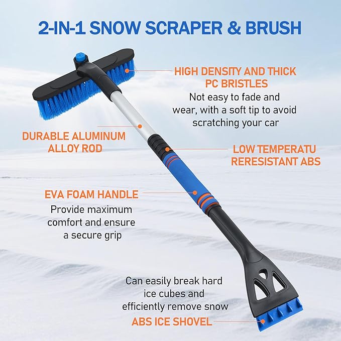 32'' Snow Brush and Ice Scraper for Car Windshield, Aluminum Extendable Snow Removal Tool for Car Window with with Foam Grip and 360° Pivoting Brush Head for for Cars, SUV & Trucks(1pack)