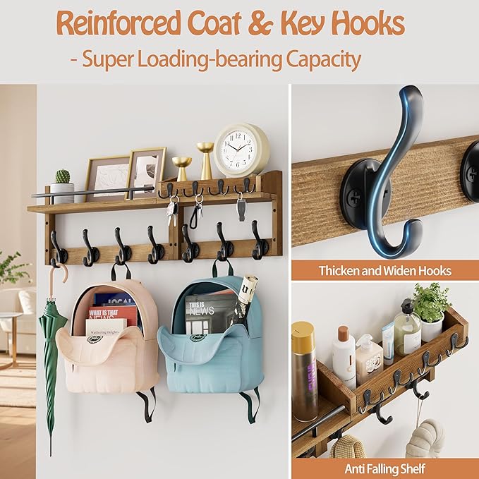 29 inch Coat Rack Wall Mount with Shelf, Set of 2 Heavy Duty Coat Hooks Wall Mount, Entryway Coat Hanger Wall Shelf with Key 