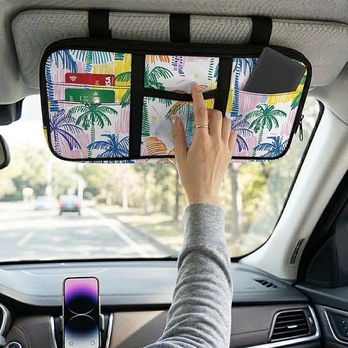 Car Sun Visor Storage Bag,Colorful Coconut Tree Truck Visor Organizer Card Sleeve Pocket Document Holder for Registration, Driving Licens