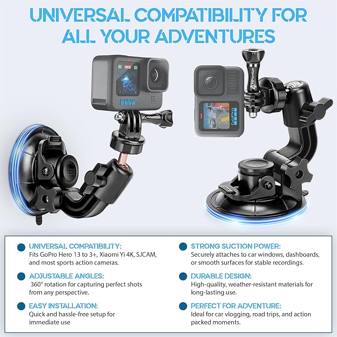 MiPremium Car Suction Cup Mount for GoPro Hero 13 12 11 10 9 8 7 6 5 4 3 3+ 2 Session Black Silver XIAOYI 4K SJCAM Yi Sports Action Camera Dash Cam holder perfect for Boats Vehicle Windshield & Window