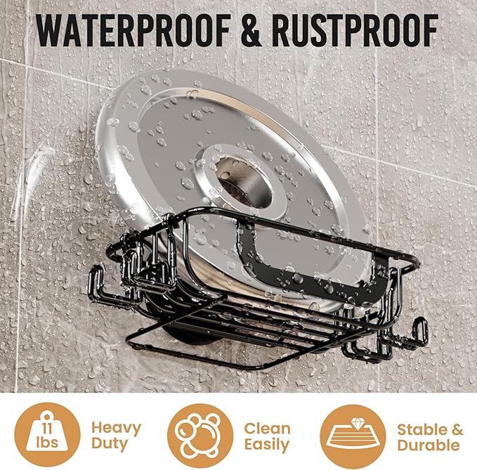 LEVERLOC Soap Holder Shower with Hooks, Bar Suction Cup Soap Dish Tray for Wall, Rust-Proof Stainless Steel Sponge Caddy for 