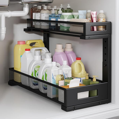 1 Pack 19IN Depth Under Sink Storage Organizer, Large 2-Tier Elegant Mesh Pull Out Shelf for Kitchen and Bathroom Cabinet Org
