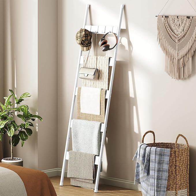 HOOBRO Blanket Ladder, 5-Tier Towel Rack with Hooks, Wall-Leaning Blanket Rack, Decorative Display Ladder Shelf, for Scarves,
