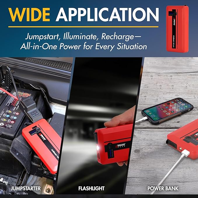 Wagan EL7601 iOnBoost V8 Slim Jump Starter 1200A Peak 12V Portable Lithium Car Battery Booster for Up to 4.0L V8 Gas or 2.0L