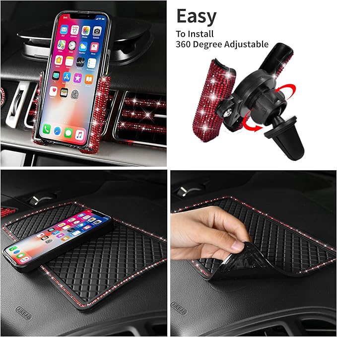 CAR PASS 30 PCS Bling Diamond Car Accessories Set for Women, Bling Steering Wheel Covers 15 Inch, Shining Rhinestone License Plate Frame, Sparkly Phone Holder, Cute Interior Set Decorations, Red