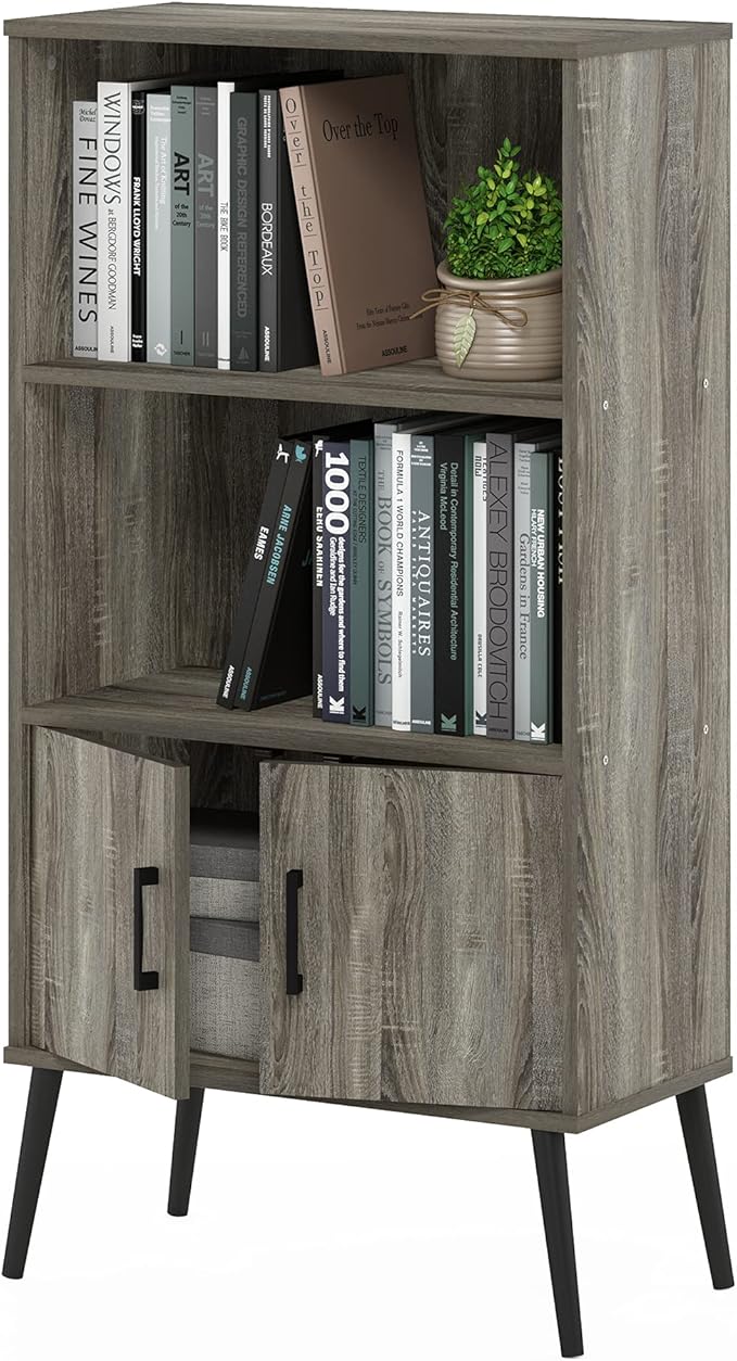 Furinno MIDCENTURY Storage Shelves, Storage Cabinet with Doors and Shelves, Bookshelf with Legs, for Living Room, Home Office