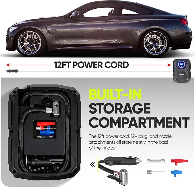 FORTEM Tire Inflator Portable Air Compressor, Air Pump for Car Tires and Bikes, Car Tire Pump w/Auto Shut Off, 150 PSI, 12V DC, LED Light, Carrying Case, for Men, Women