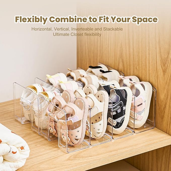 Clear Acrylic Kids Shoe Rack for Closet Organizers and Storage | 4 Pack Small Shoe Rack 4 Sections Toddler Baby Shoe Storage 